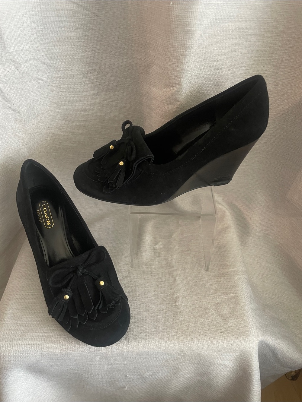 Coach Black Suede Wedge Loafers with Tassel Detail